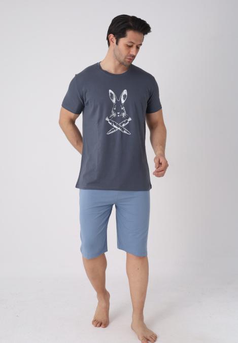 Pijama barbat cu maneca scurta si pantaloni 3/4, culoare gri inchis, Engros